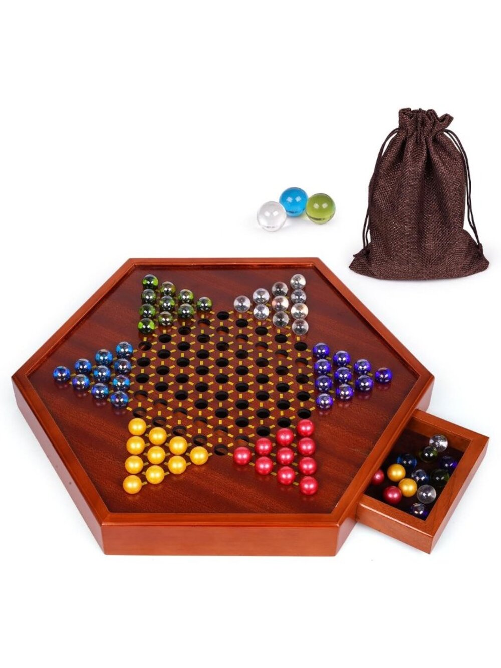 15" Wooden Chinese Checkers Board Game Set with 72 Glass Marbles & Storage